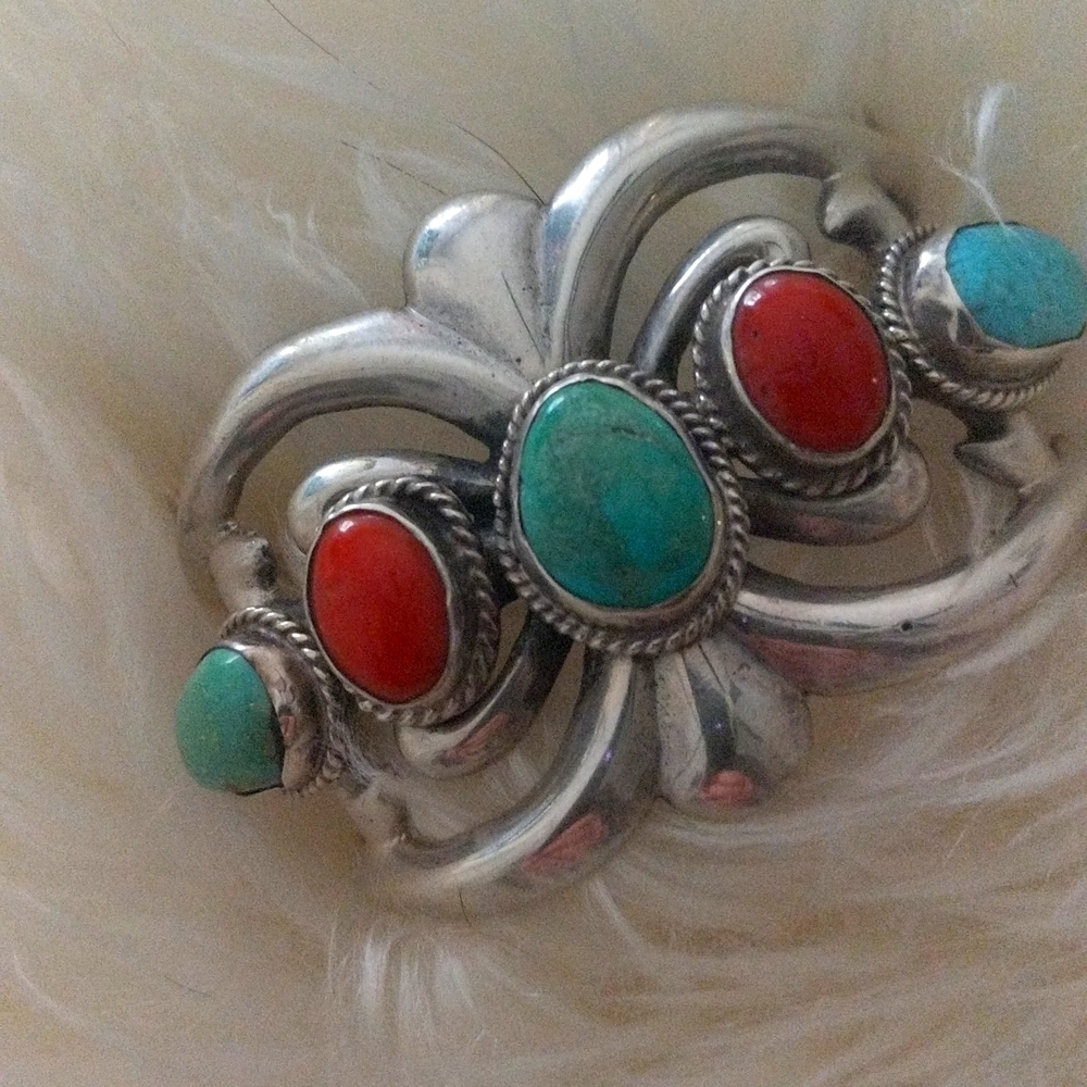 Sterling silver turquoise and coral bracelet